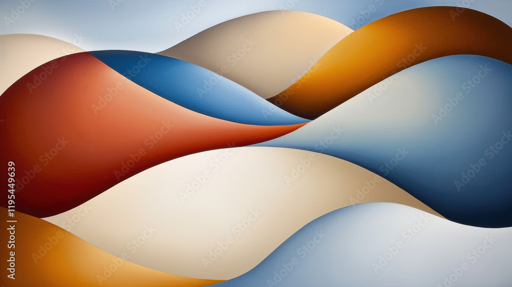 Poster Abstract waves warm colors create dynamic visual flow. smooth curves blend shades of red, blue, and cream, evoking sense of movement and harmony