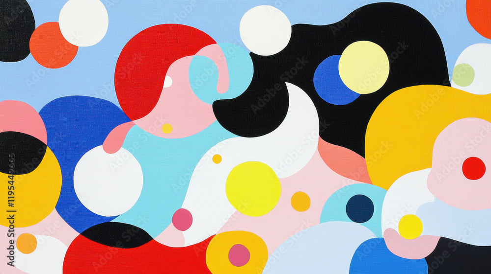 Poster Colorful abstract shapes and patterns create vibrant composition. artwork features bold colors like red, yellow, and blue, with playful circular