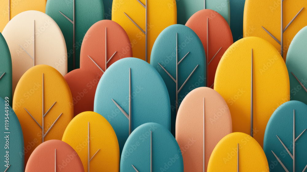 Poster colorful abstract trees various shapes and sizes create vibrant forest scene. design features teal, 