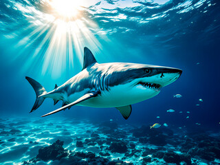 Obraz premium Ocean shark bottom view from below.