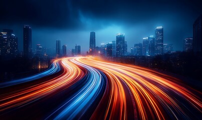 A cityscape with pulsing light trails moving around it