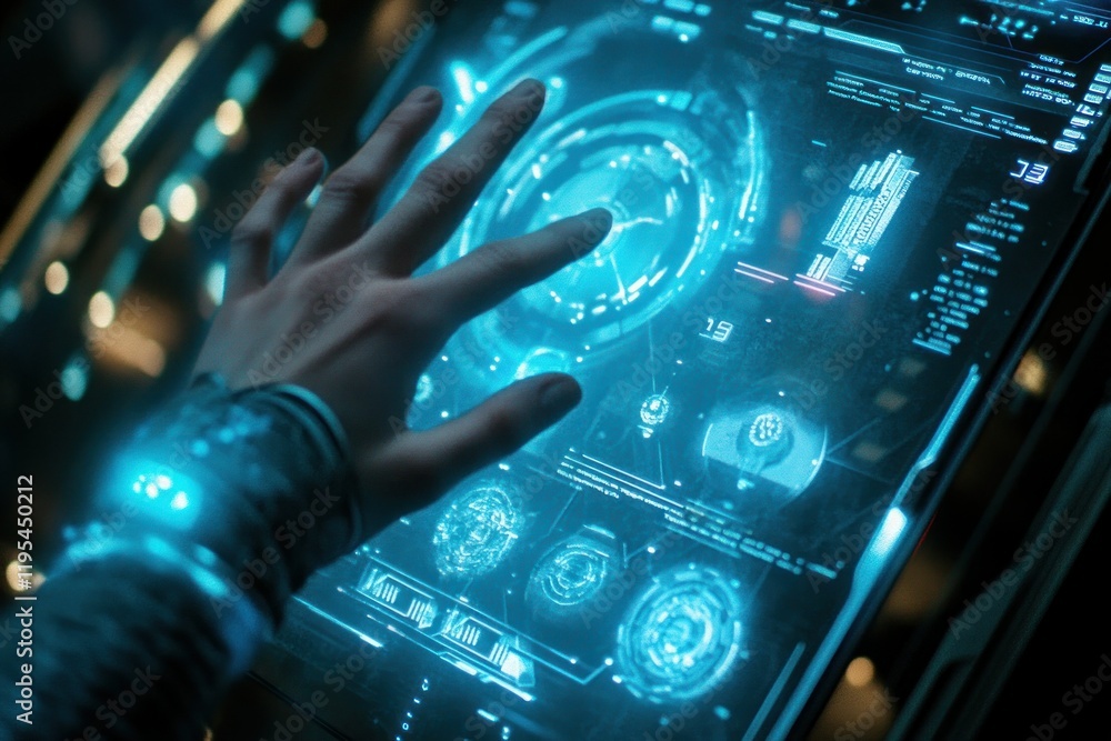 Poster futuristic hand interaction with high-tech display