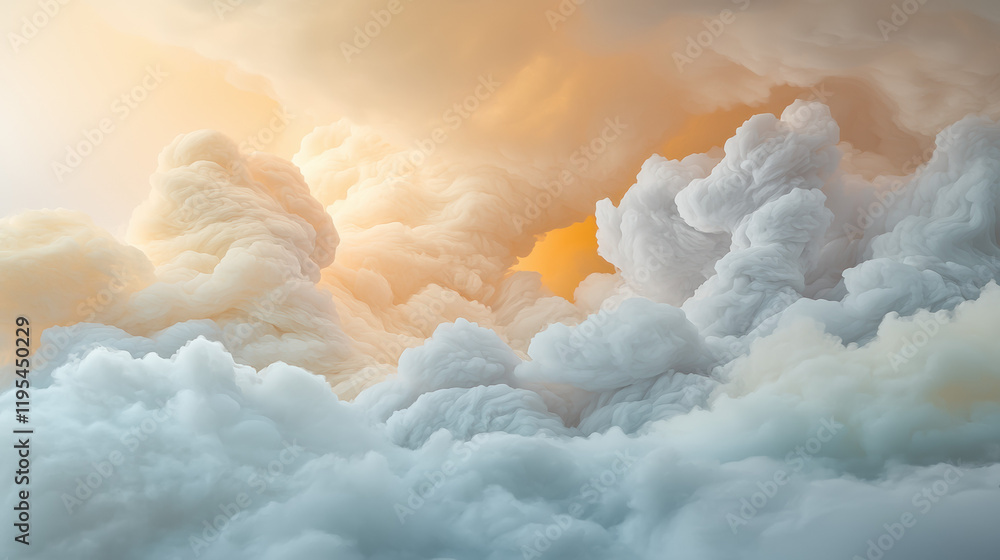 Poster majestic clouds in soft hues of orange and white create serene atmosphere. fluffy formations evoke s