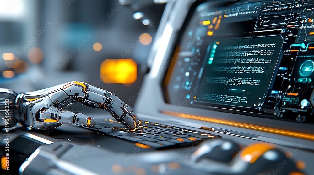Poster ai powered robot typing on breached holographic console futuristic digital technology and cybersecur