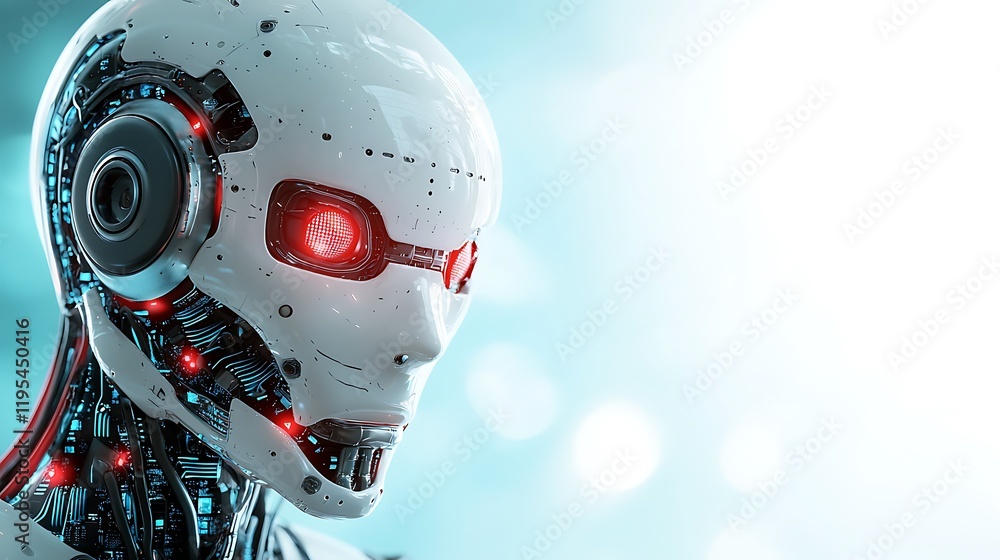 Poster an abstract and futuristic digital depicting a robotic head that appears to be overridden or disrupt