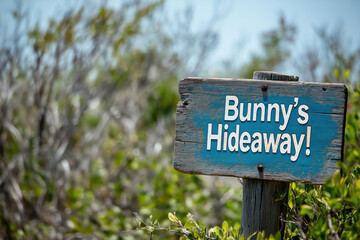 rare wooden direction sign that says "Bunny's Hideaway!"
