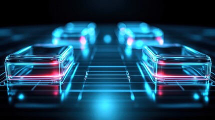 Futuristic transparent vehicles on a digital grid.