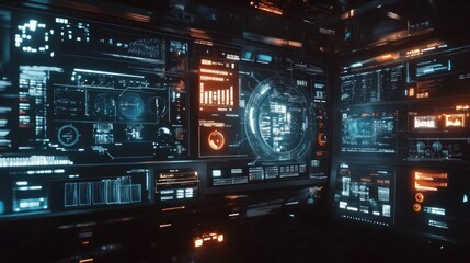 Fototapeta premium Futuristic Control Room Interface: Cyberpunk Digital Dashboard Displays