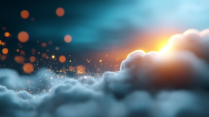 An abstract digital landscape depicting a futuristic network of connectivity with floating cloud formations bathed in a warm glowing light  The image evokes a sense of technological innovation