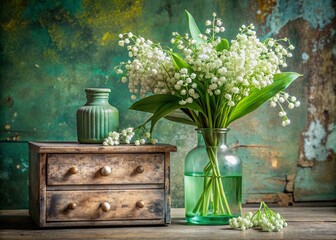 Beautiful spring lilies of the valley in a vintage glass vase on an old wooden chest of drawers. A bouquet of flowers in a vase in a home interior. Green, brown floral background.