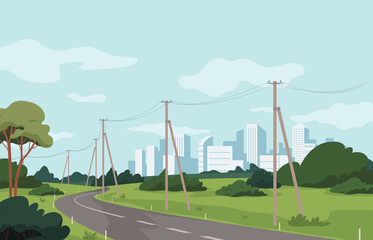 Electric poles near the road. Power lines. High voltage cables, hanging wires, supports. Power transmission lines that deliver energy. Vector illustration