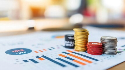 Coins stacked on financial report showing growth.