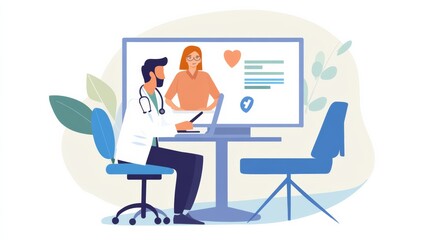 A healthcare professional conducting a virtual telehealth consultation with a patient, Remote healthcare theme, Compassionate style