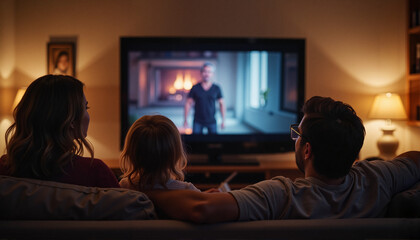 Relaxed family enjoying movie night in cozy living room, togetherness