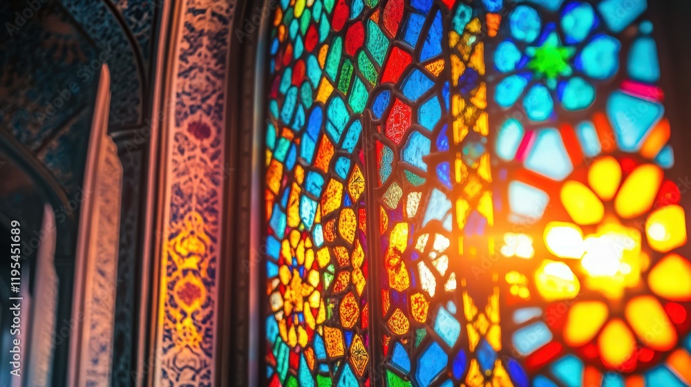 Poster sunlight streaming through a colorful stained glass window with architectural elements