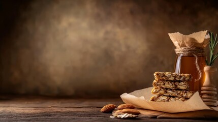A rustic display of granola bars, honey, and almonds on a wooden surface.