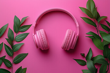 Pink headphones lying on pink surface surrounded by green leaves for national nutrition month