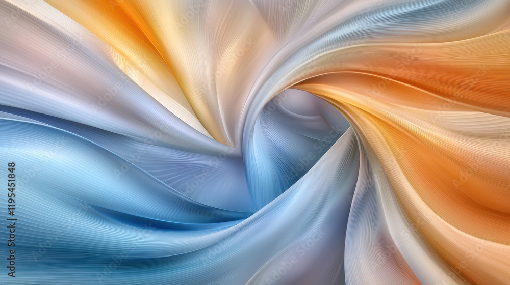 Poster Swirling abstract fabric in soft hues of orange and blue creates dynamic flow. smooth texture and gentle curves evoke sense of calm and movement