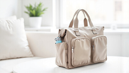 Functional stylish diaper bag on table, parenting essentials