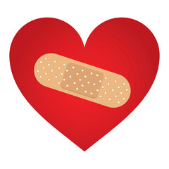 Red Heart fixed with a plaster patch, vector illustration icon or logo, fixed broken heart concept, breakup or divorce, heartbreak regret, separated couple, tragic love.