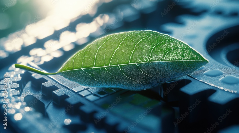 Poster a serene closeup of a leaf resting on a gear with soft shadows playing across its surface conveying 
