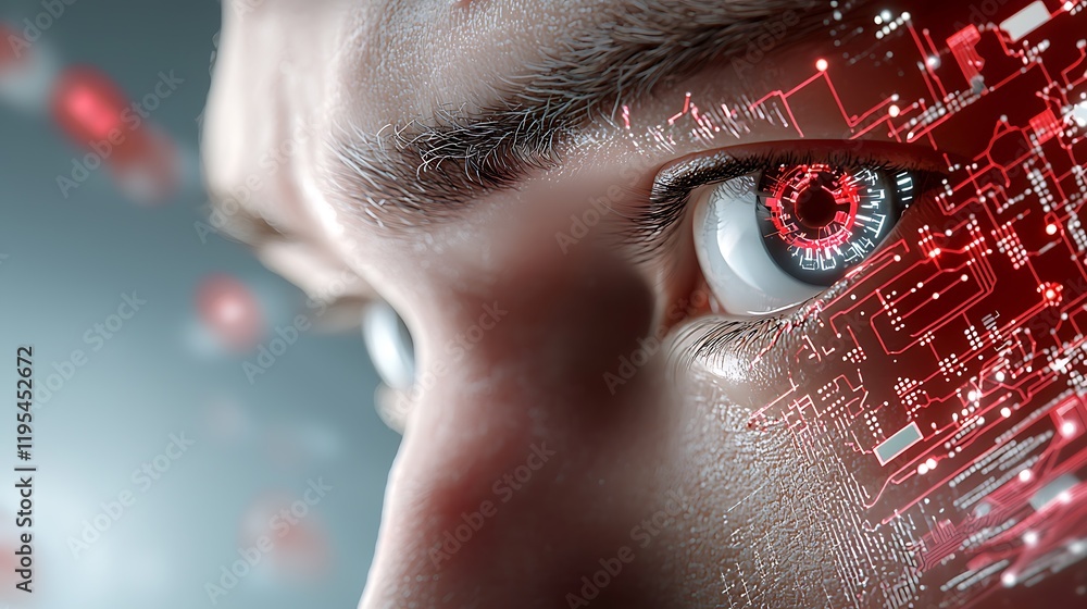 Poster close up view of a glitched distorted futuristic cyborg eye with a breached digital circuit and abst