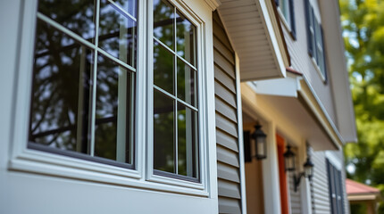 Fototapeta premium Elegant Home Exterior: Modern Window Design and Architecture. High-quality windows for a beautiful house. Real Estate, Home Improvement