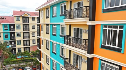 Obraz premium Colorful apartment building exterior with balconies and windows.