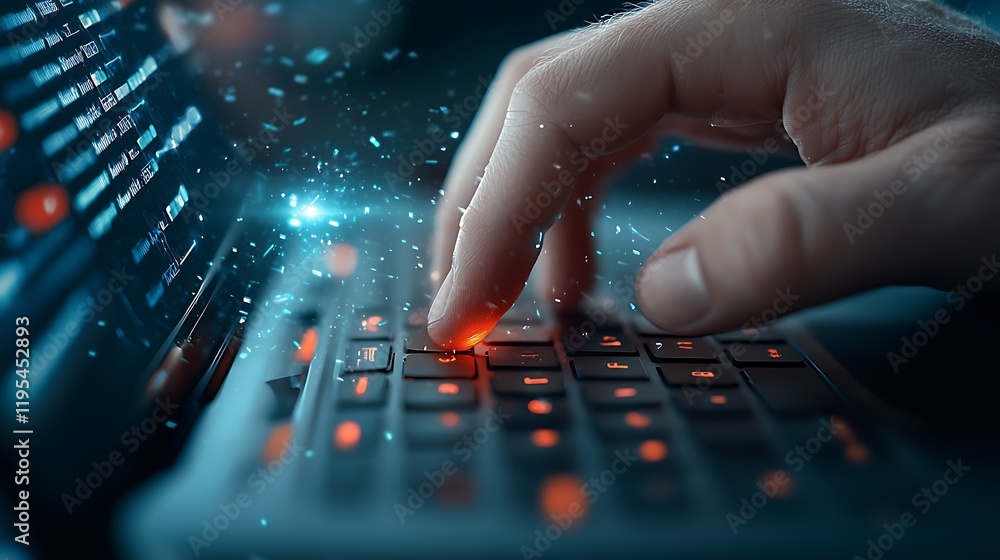 Poster close up view of a robotic hand effortlessly typing on a futuristic holographic keyboard showcasing 