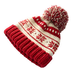Red and white striped winter hat isolated on transparent background