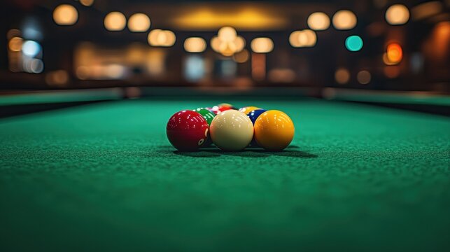 Billiards balls clustered on a pool table in a dimly lit, interior room.