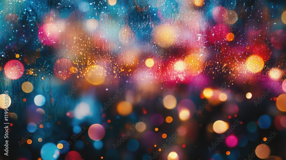 Poster colorful abstract background with bokeh lights and sparkle patterns on dark backdrop