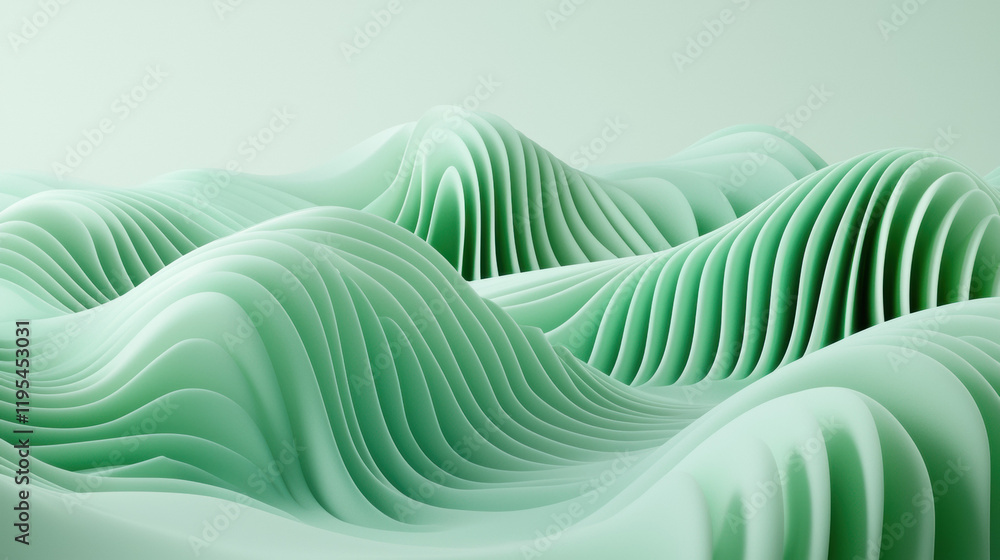 Poster smooth green waves create serene landscape, showcasing fluid forms and gentle curves. soft color pal