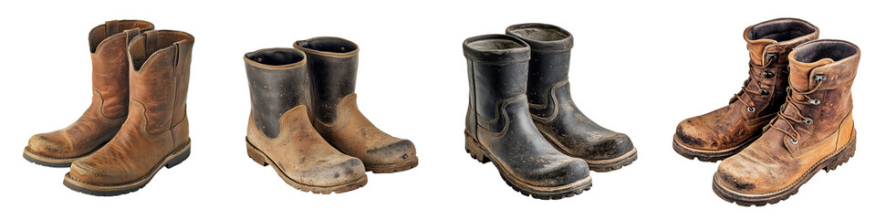 Farming boots – Sturdy boots worn by farmers to protect their feet while working in fields. Isolated on Clear White Background Highly Detailed