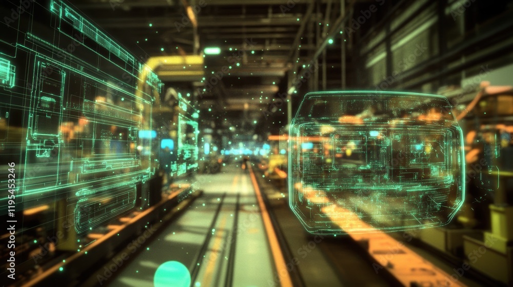 Aufkleber a closeup of an augmented reality headset displaying the virtual layout of a production line with re