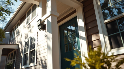 Fototapeta premium Charming Suburban House Exterior: Captivating View of a Home's Entrance, Bathed in Warm Sunlight