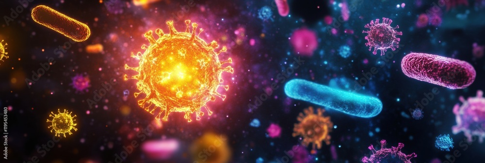 Poster shield protecting against microbes with vibrant particles captured in a microscopic view showcasing 