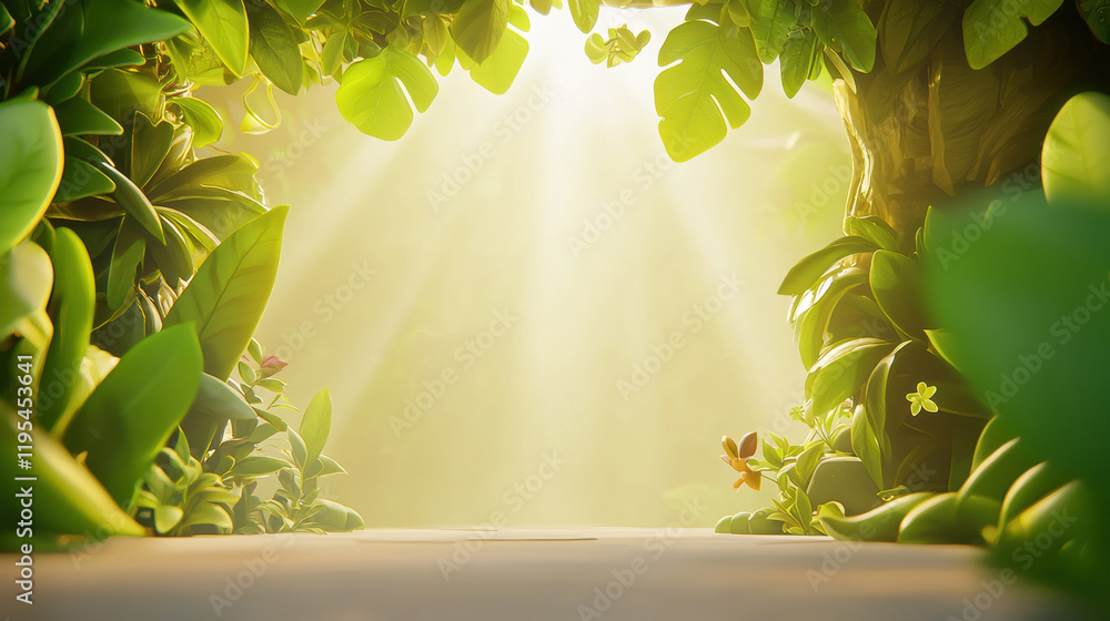 Poster serene forest path illuminated by soft sunlight filtering through lush green leaves, creating tranquil atmosphere