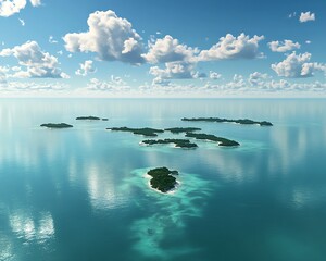 An island chain in the middle of a calm sea, with emerald waters and scattered clouds
