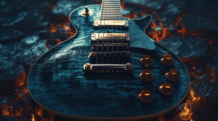 Blue electric guitar on fiery rocks.
