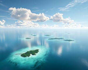 An island chain in the middle of a calm sea, with emerald waters and scattered clouds