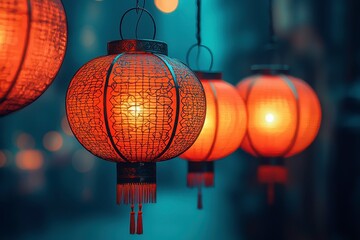 Fototapeta premium Red Chinese Lanterns Glowing in the Night, Creating a Warm and Enchanting Atmosphere with a Soft Focus Background and Beautiful Bokeh Effects