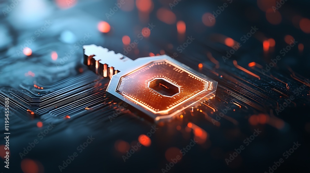 Poster cracked digital key hologram surrounded by a glitching abstract futuristic backdrop featuring a vibr