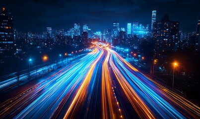 Fototapeta premium A vibrant night view of a smart city with luminous speed lines and light trails encircling the city