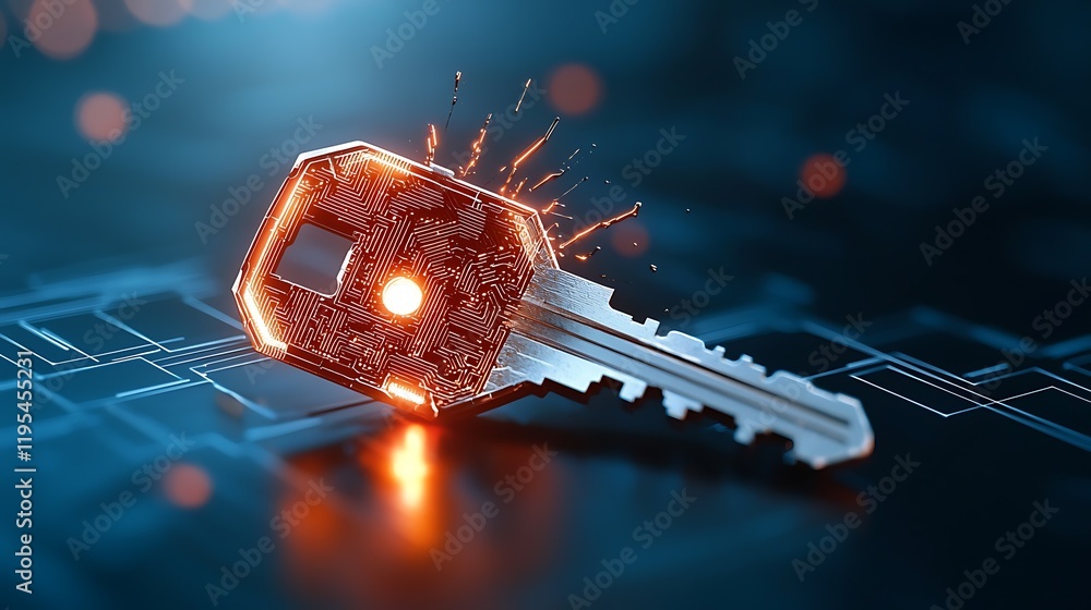 Poster cracked holographic data key glowing with breach pattern abstract futuristic background depicting a 