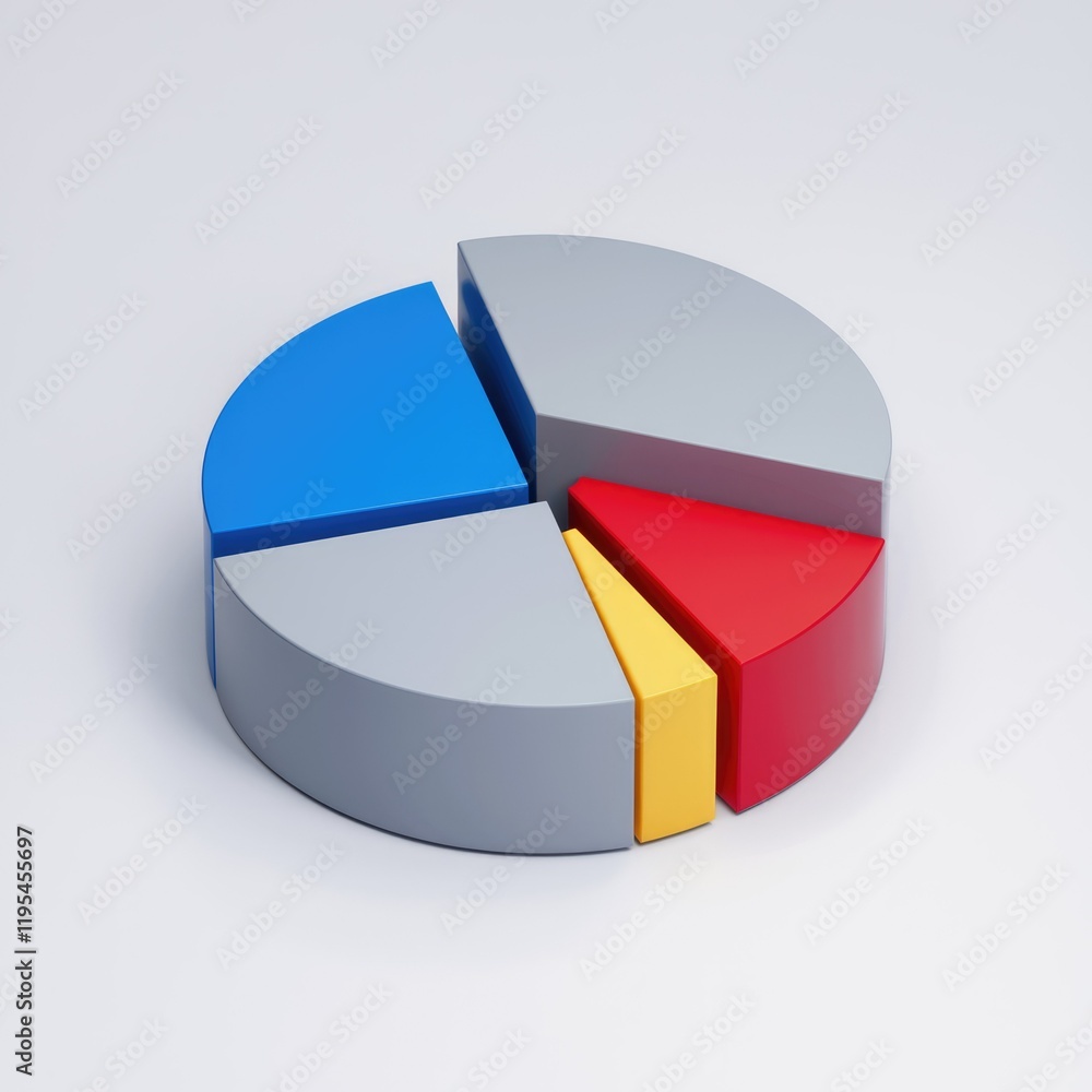 Poster a 3d pie chart divided into four sections: blue, gray, red, and yellow, representing data visualizat