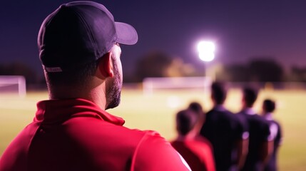 A coach observing players during a nighttime soccer practice under bright lights.