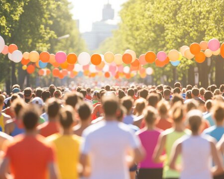 Vibrant Urban Charity Marathon Multicultural Crowd in Motion Amidst Colorful Banners - Community Engagement and Health Promotion for Urban Event Marketing