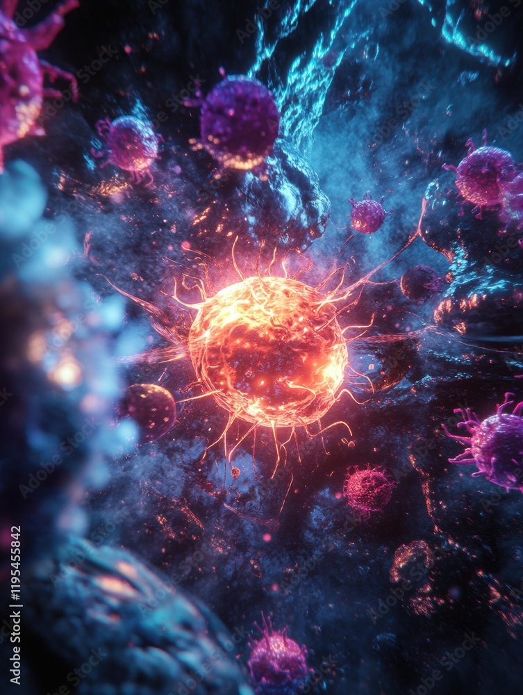 Poster glowing cell battling menacing viruses in a vibrant microscopic landscape at dusk. generative ai