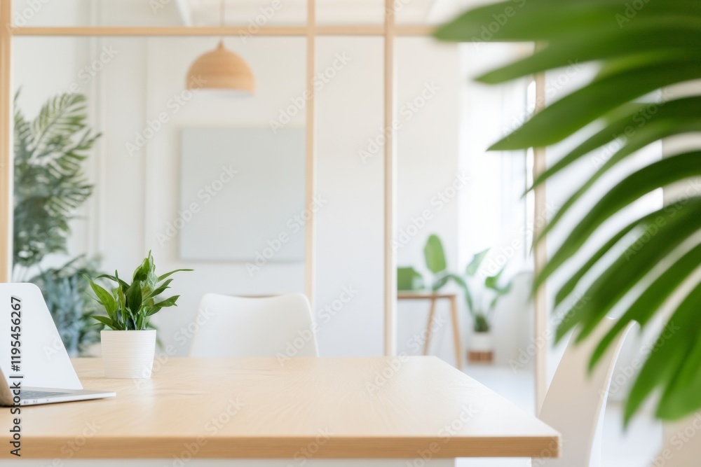 Poster Minimalist Office Design Scandinavian-Style Tech Workspace with Wooden Desks and Greenery - Enhancing Productivity and Creativity for Modern Startup Environments